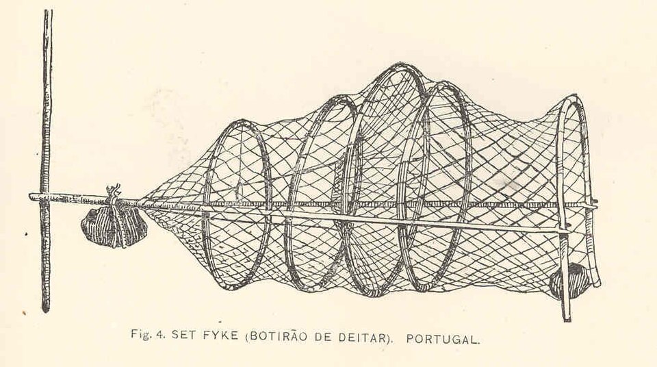 Gravura de uma rede cónica, identificada como botirão de deitar, publicada em 1894